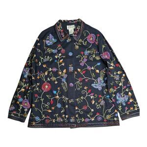 Vtg Y2K Quacker Factory Black Floral Butterfly Embroidered Bead Cotton Jacket M